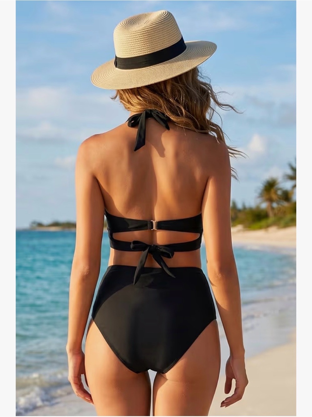 High-Waist Black Halter Swim Top & Bottom Set - Women Swim - Picture 2 of 2